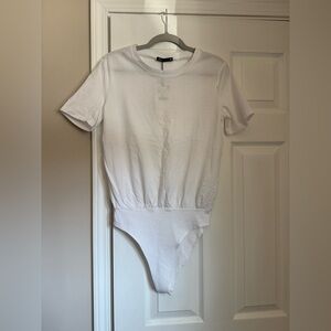 Zara White Short Sleeve Bodysuit with Crew Neck